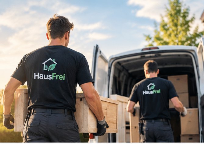 HausFrei-Team trägt Möbel zum Transporter